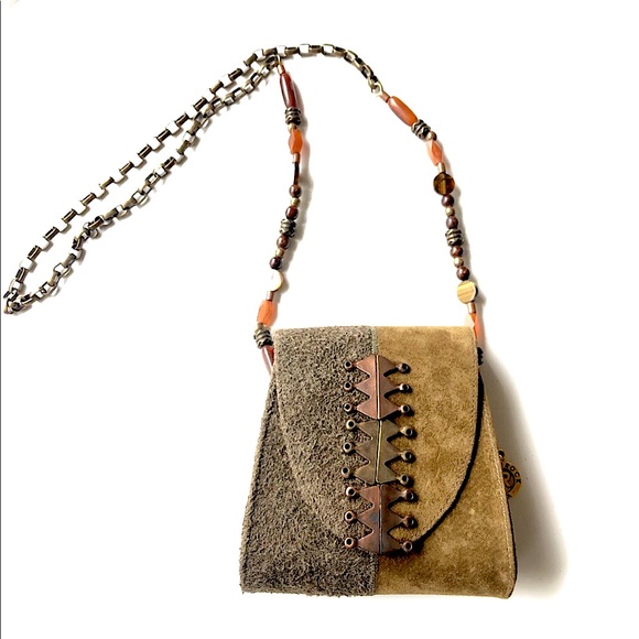 Leatherock Handbags - LEATHEROCK Olive & Tan Suede Box Shoulder Bag with Bead & Bronze Detail